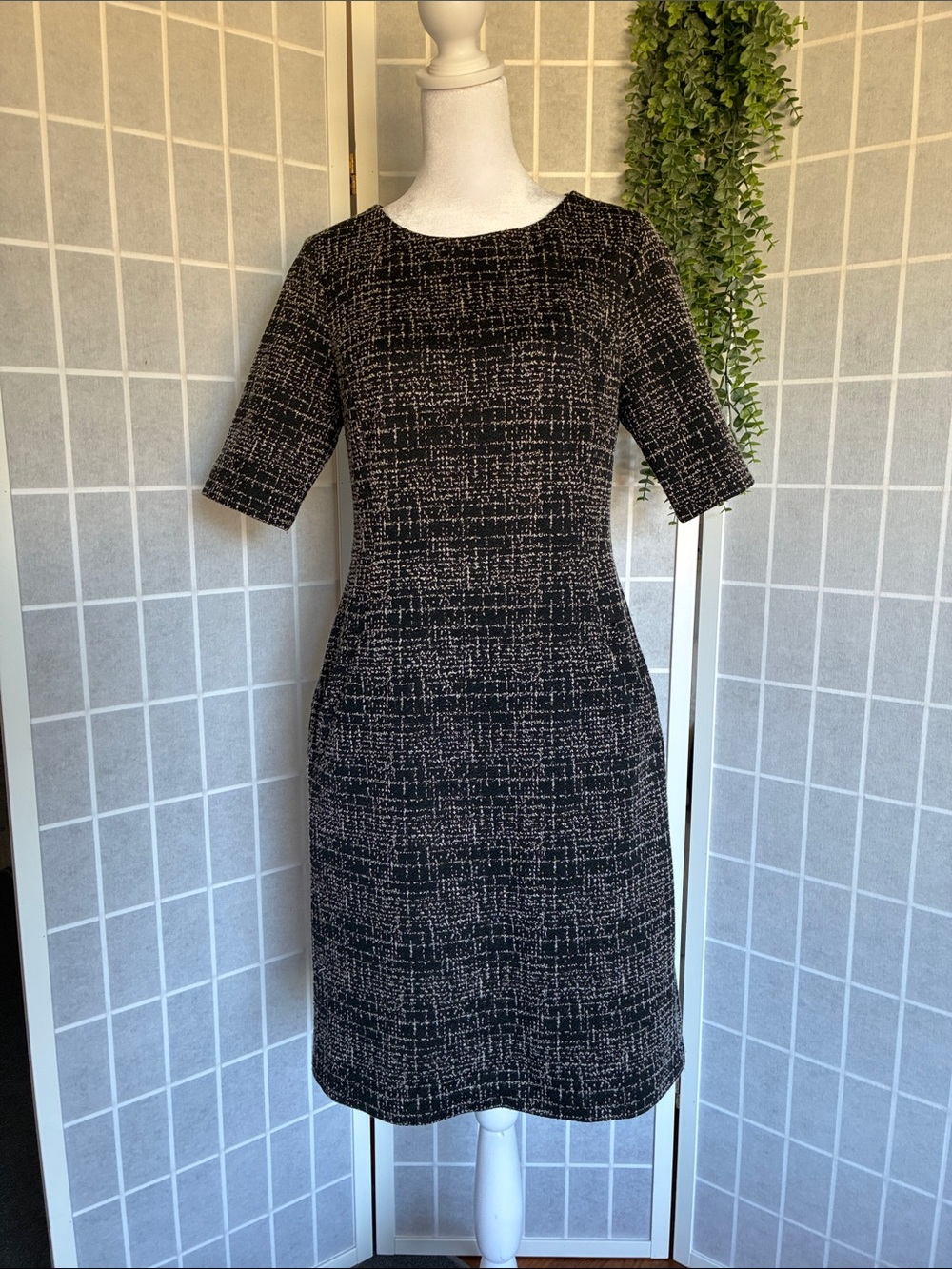 Lands' End Black White Textured Knit Midi Sheath Dress with 2 Ft Pockets 8